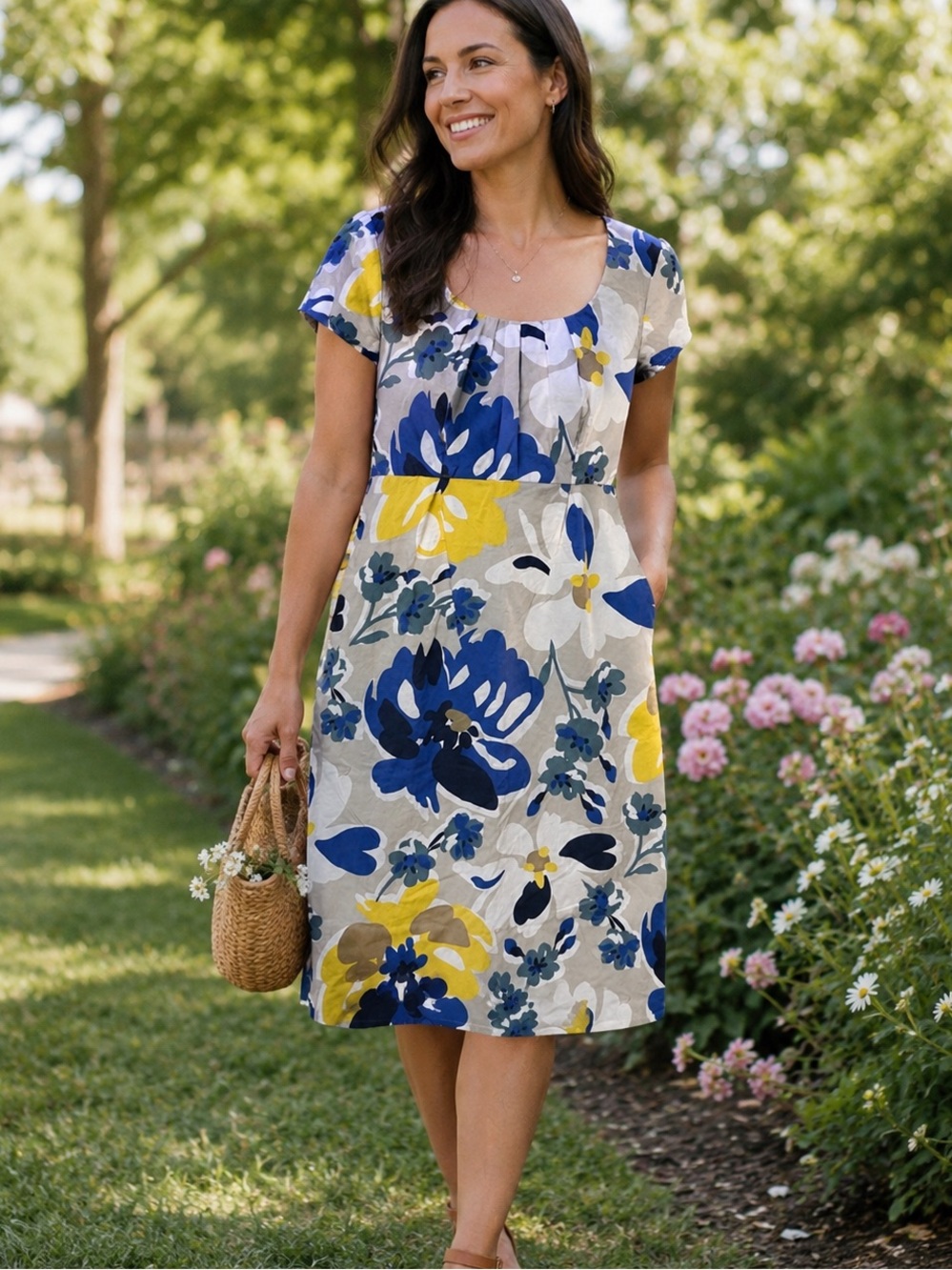 Boden White Dress with Blue and Yellow Floral Mod  Print 6